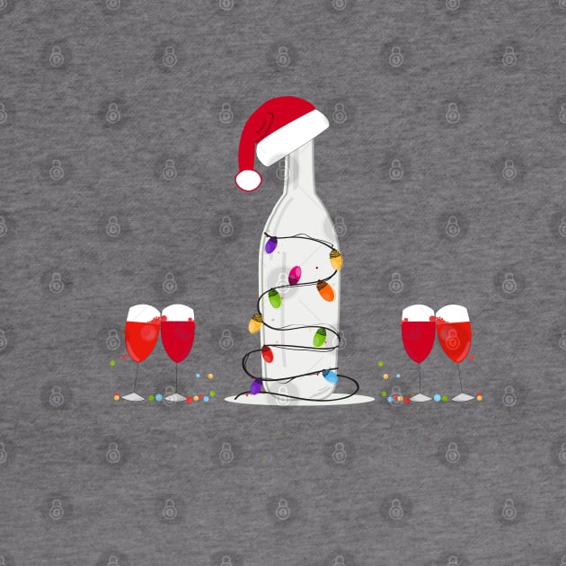 Christmas champagne bottle with colorful light bulb and Santa Claus hat. Wine glass and cocktail party by GULSENGUNEL